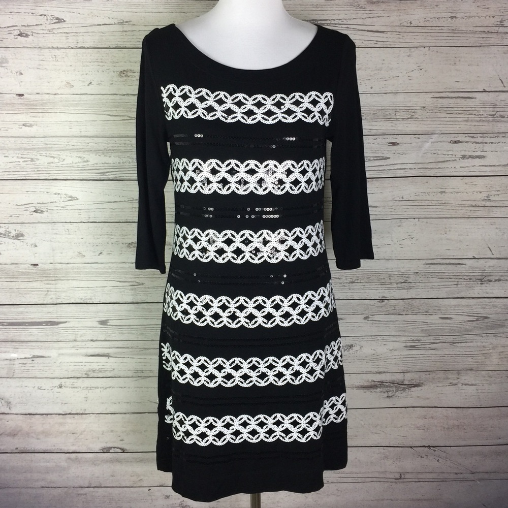 White House Black Market Striped Sequin 3/4 Sleeve Stretch Shift Dress
